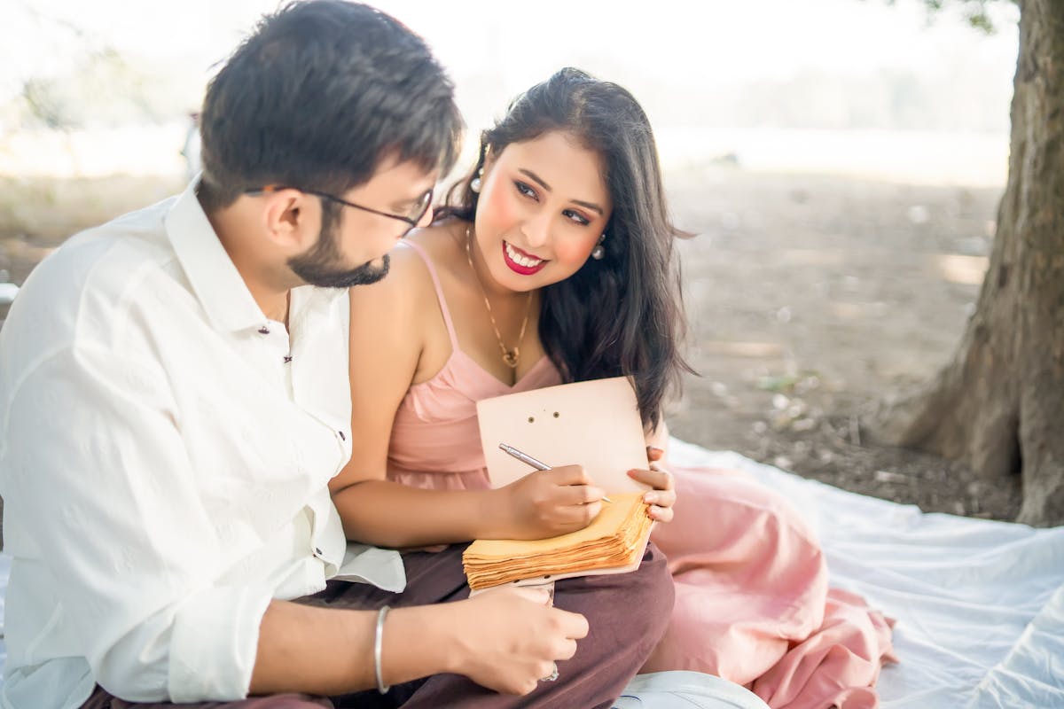 Romantic couple writing letters together